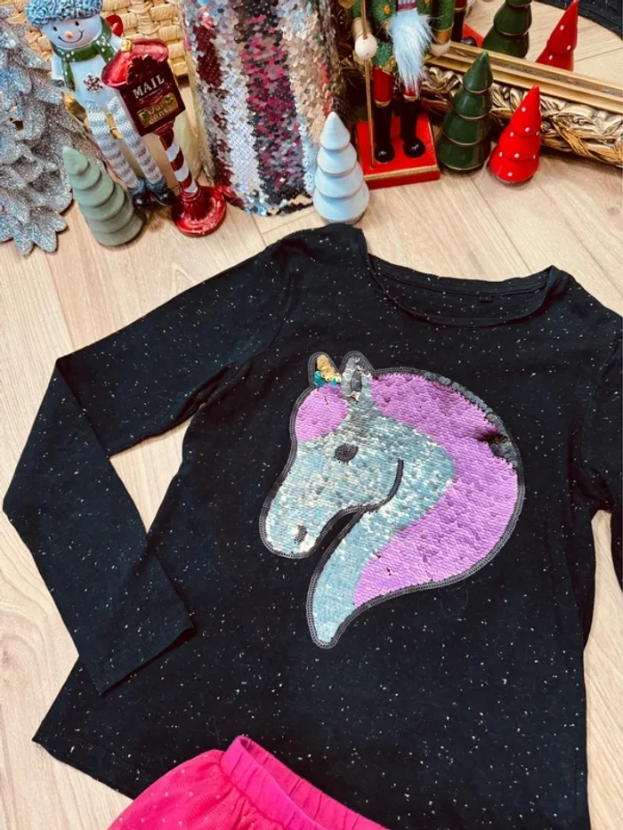 Taille 10 ans tenue 2 pièces fête fille Dpam noir rose * sequins tulle * 🎄 - photo numéro 2