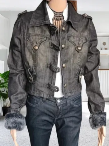 Veste courte jean gris ,Morgan ,coupe droite ,extrémité manches fourrées