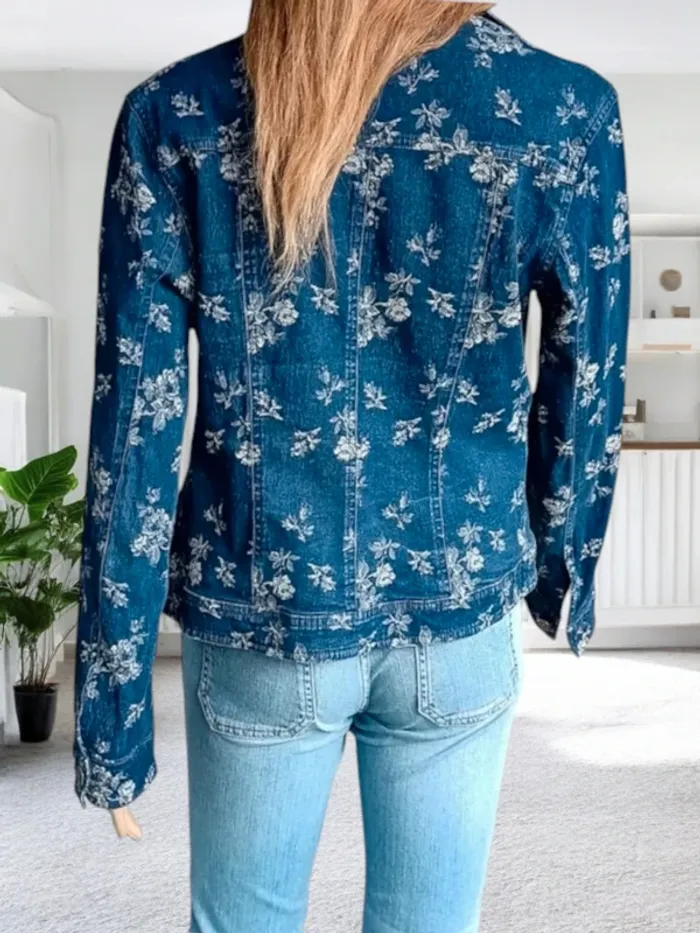 Veste en jean Hennes ,coupe droite , motifs blancs floraux, texture stretch - photo numéro 2