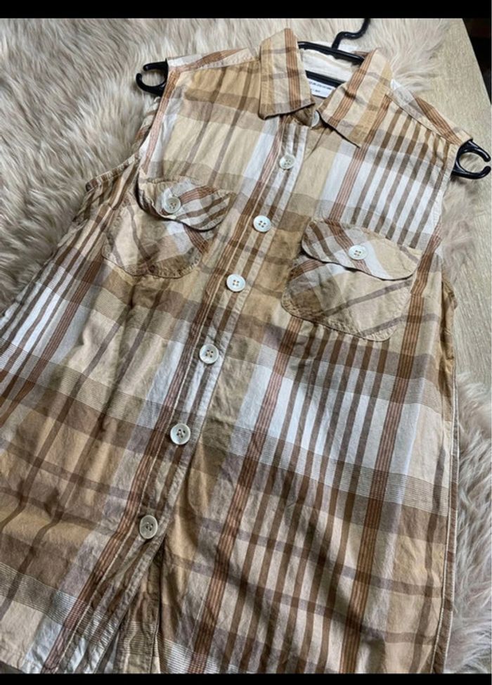 Chemise / chemisette sans manches à carreaux marron et beige Taille M / 38