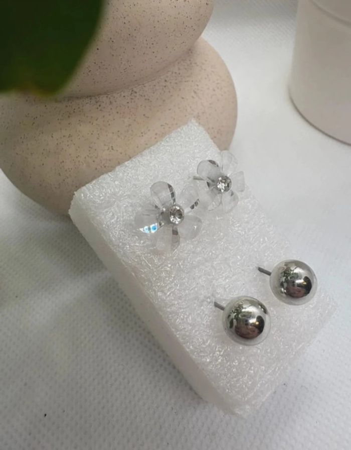 Lot boucle d'oreille fleur et perle argentée - photo numéro 4