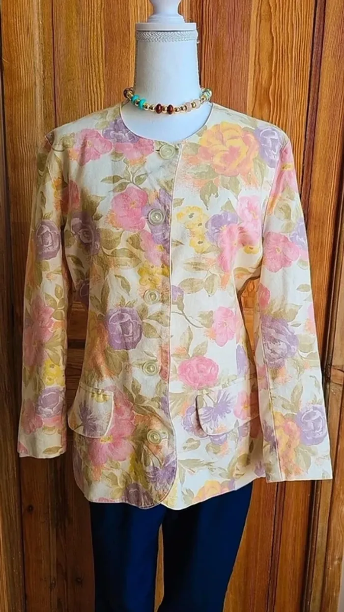 Veste blazer vintage flower print rose et pastel - photo numéro 2