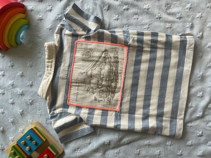 polo manches courtes rayé bleu clair et blanc 36 mois tex dessin au dos - photo numéro 10