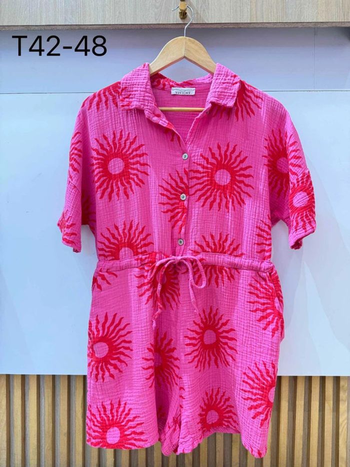 Combishort en gaz de coton grande taille 42-46 Fushia soleil rouge - photo numéro 2
