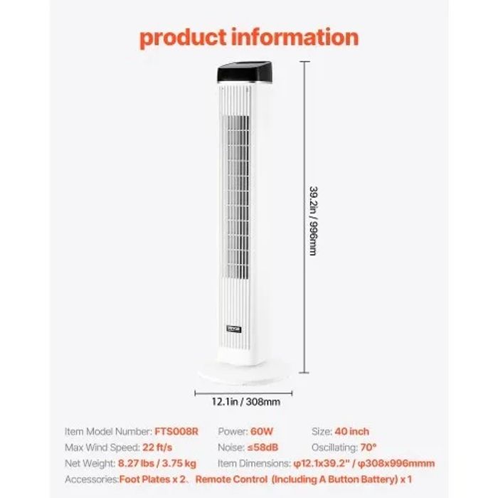 VEVOR Ventilateur Colonne, 996 mm, Ventilateur Tour Sol Oscillant 70° Silencieux Portable, 6,7 m/s, Vitesses Réglables, avec Minuterie 12 h, Télécommande, Refroidissement pour Chambre, Bureau, Maison - photo numéro 6