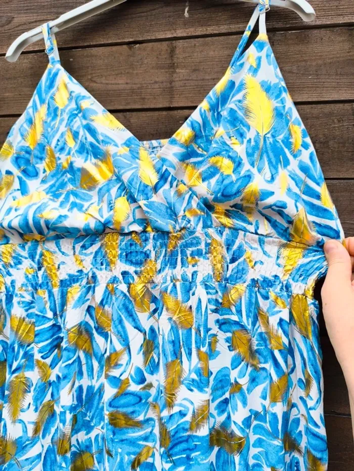 Robe longue imprimée bleue et feuilles dorées été taille 40/42 - photo numéro 4