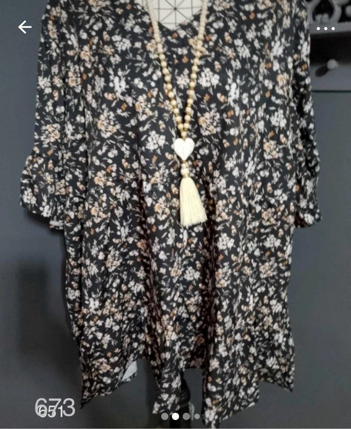 Blouse Noire Grande Taille 54 – Ample, Élégante à Imprimé Floral et Manches Tulipes 🌸