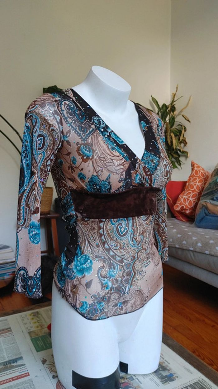 Top vintage paillettes tissu mesh semi transparent