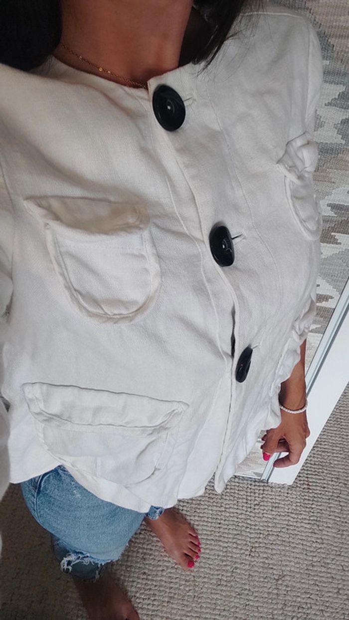 Magnifique veste en lin blanc Mango suit L 3 gros boutons noir classe chic décontracté - photo numéro 3