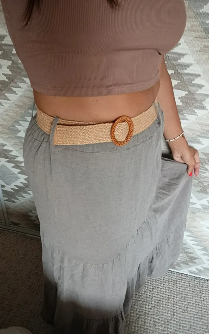 Jupe longue by Coco Bohème neuve 50% coton 50% lin gris beige taille élastique avec ceinture - photo numéro 3