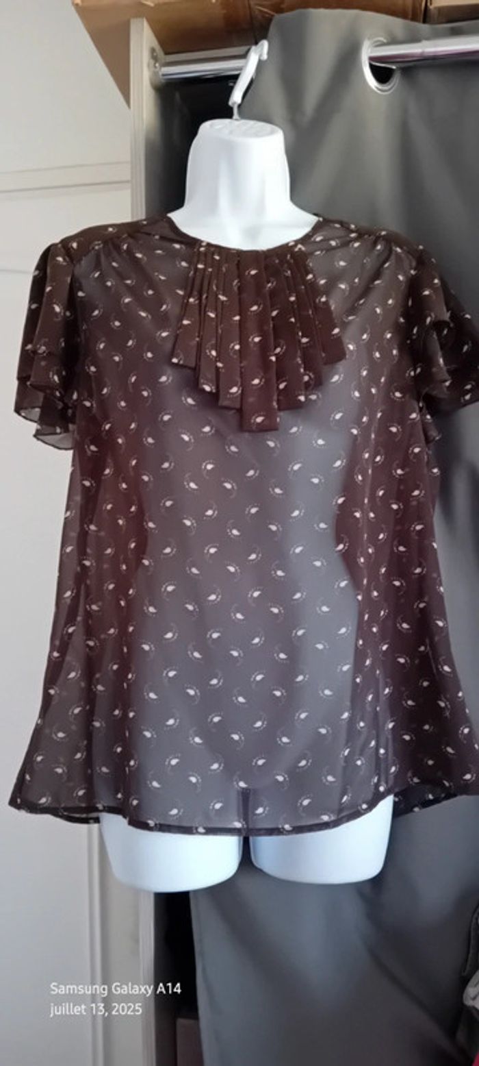 Blouse en voile manches volantées col cravate motif plumes marron femme L