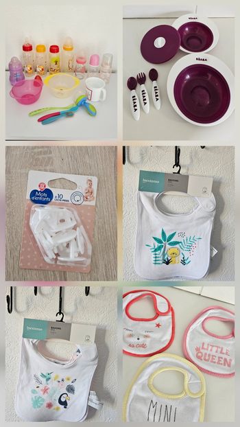Lot bébé, vaisselle, bavoirs, cache prises