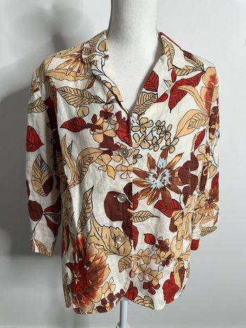 Blouse à fleurs en lin blanche beige et bordeaux Vintage T42 XL