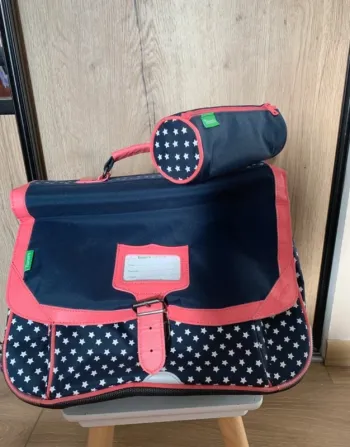 Cartable et trousse Tann's officiel bleu marine et rose
