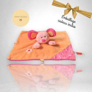 Peluche doudou carré souris orange rose fleurs Influx DP137