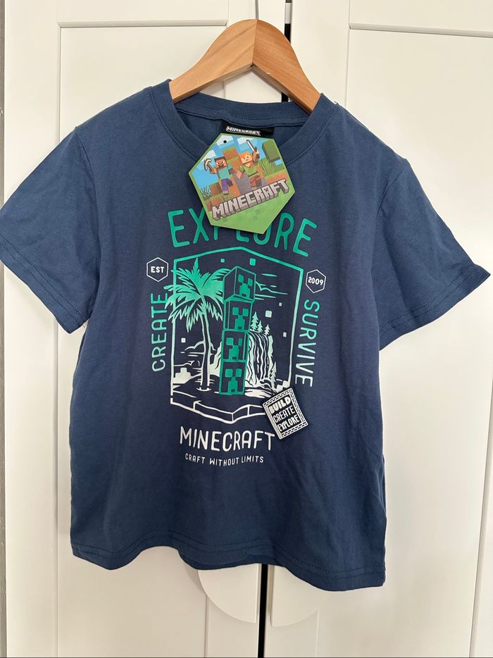 T-shirt manches courtes minecraft bleu/vert taille 8 ans neuf avec étiquette