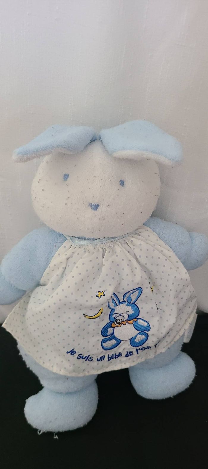 Doudou Peluche Lapin Bleu Blanc Tablier Pois Je Suis Un Bebe De L'An 2000 Klorane - photo numéro 3