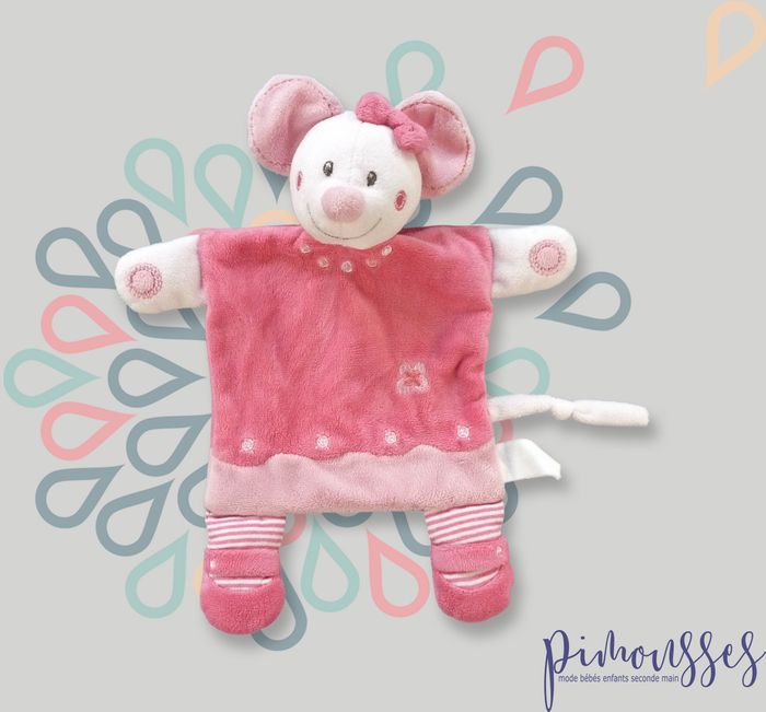 Doudou souris plat velours rose fleurs Nicotoy 26 cm