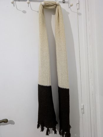 Écharpe  Épaisse Crochet Bicolore Écru/Marron Franges Hiver Chaud