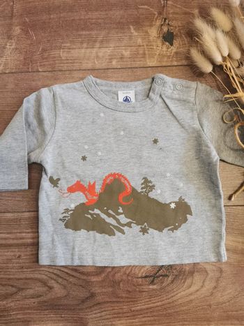 🌺Petit Bateau Pull manches longues gris dragon 3mois bebe garçon 60cm