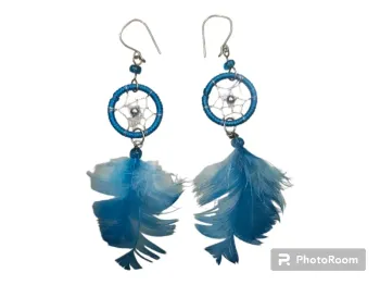 Boucles d'oreilles attrape rêve et plume bleues