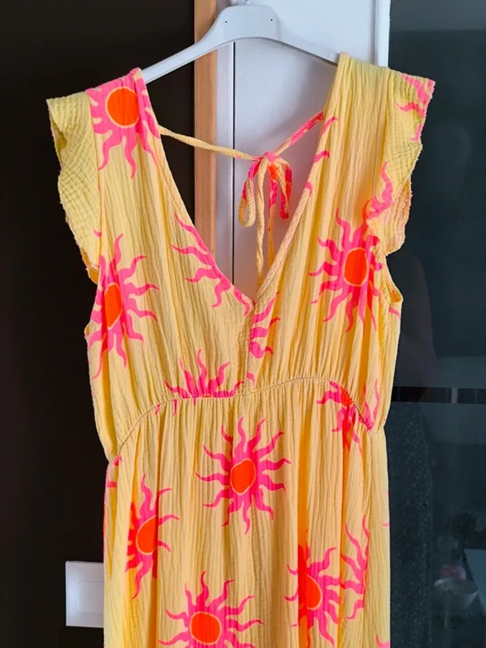 Robe longue été jaune et rose gaz de coton imprimé soleil TU 36 à 42 - photo numéro 2