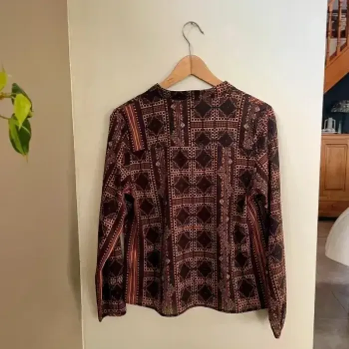 Blouse fluide imprimé ethnique noir et camel Chattawak – taille M, col tunisien V041 - photo numéro 2