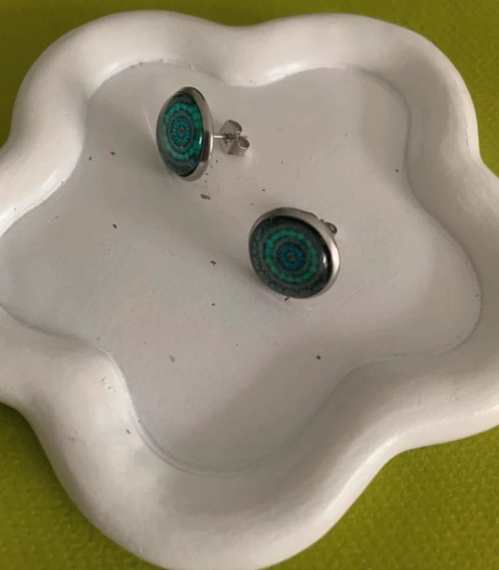 Boucles d’oreilles rondes mandala bleu turquoise en acier inoxydable argenté - photo numéro 5