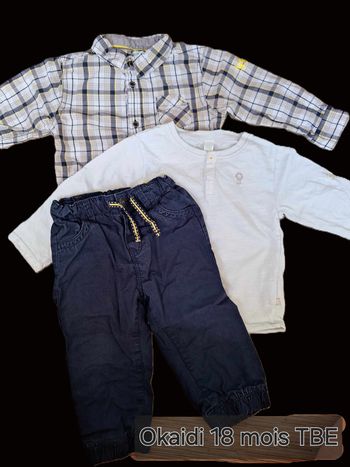 Ensemble 3 pièces chemise + t-shirt + pantalon Okaidi/Obaibi 18 mois