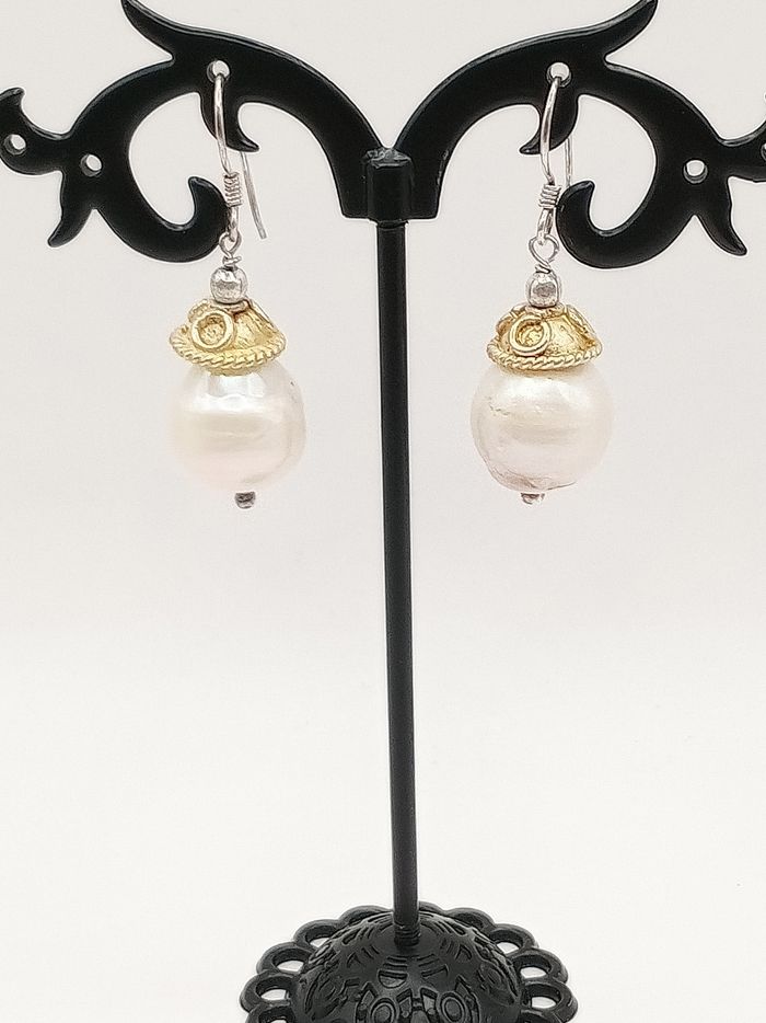 Orecchini artigianali argento dorato color oro perla fiume acqua dolce - photo numéro 3