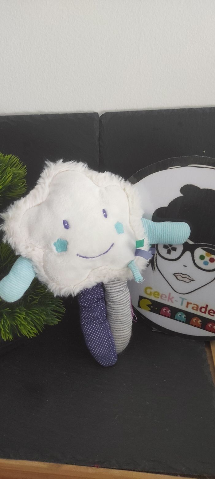 Doudou réversible étoile luc et lea bleu blanc pois rayures peluche fourrure - photo numéro 2