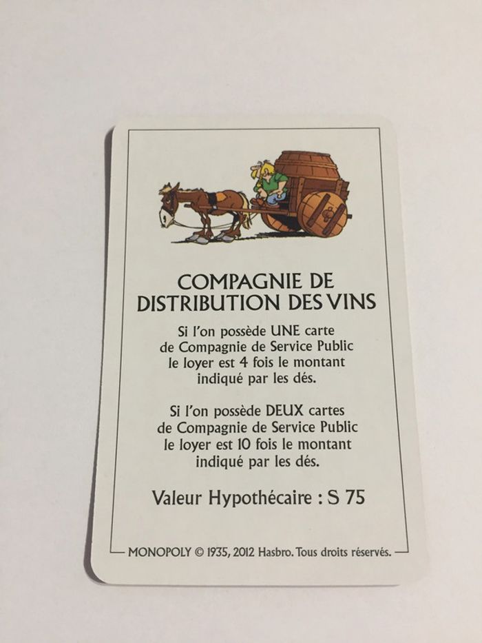 Carte compagnie de distribution des vins pièce jeu Monopoly le tour de Gaule d'Astérix Hasbro #A53