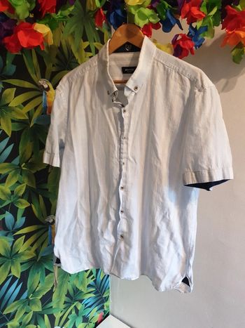 Chemise lin slim fit rayée blanc/bleu