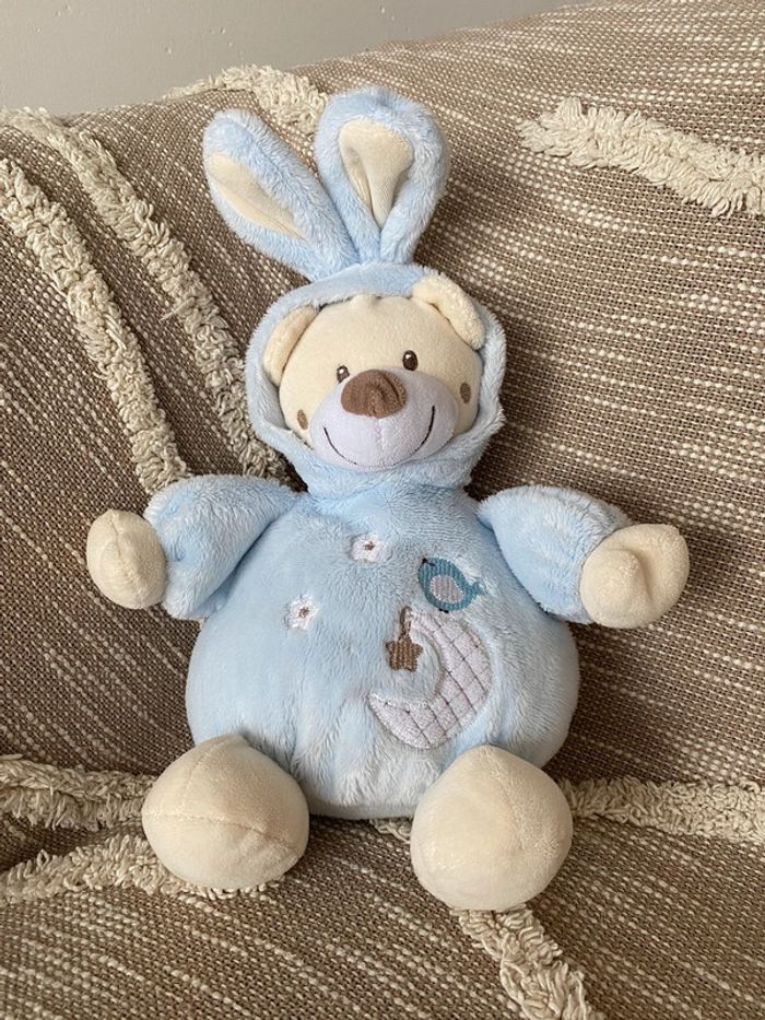 Peluche doudou 36cm Auchan ours bleu et blanc oreille lapin capuche très bon état