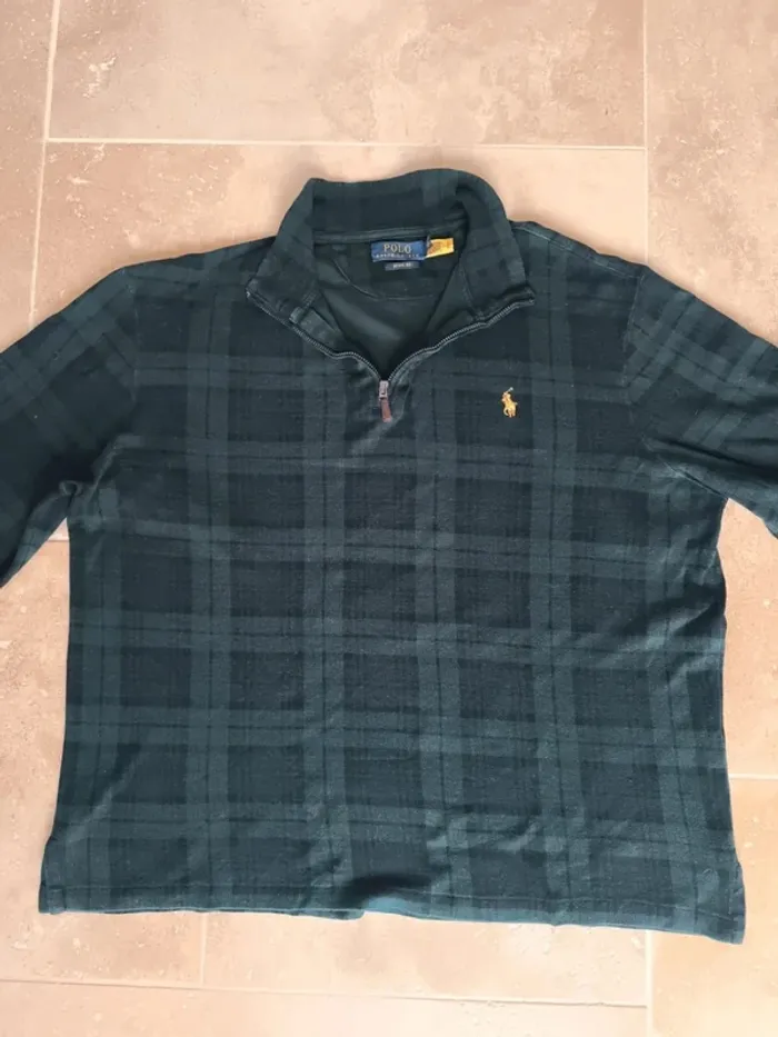 Pull quart Zip homme écossais L Ralph Lauren vert motif carreaux logo jaune excellent état - photo numéro 10
