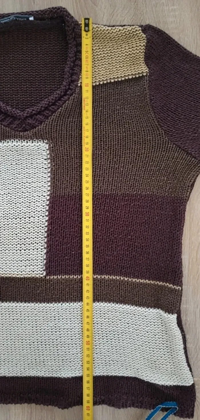 Pull à col V marron beige et blanc Christine Laure Taille 4 ou 42 - photo numéro 11