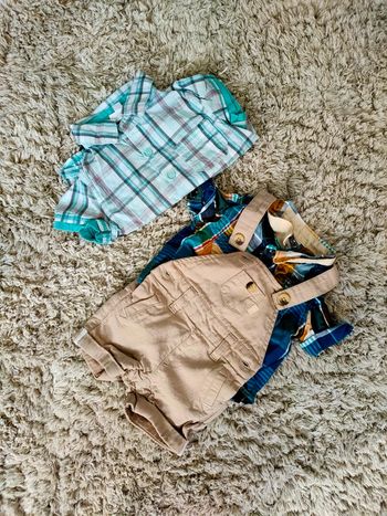 Ensemble salopette short et 2 chemises à carreaux 3 mois