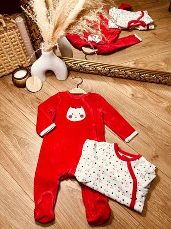 Taille 6 mois lot de 2 pyjamas velours fille orchestra blanc rouge * chat * 🎀
