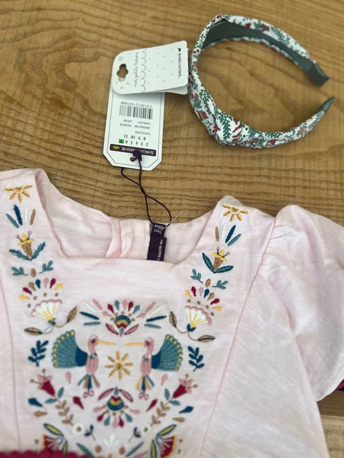 Ensemble sergent major neuf étiqueté 7 ans t-shirt et serre tête à fleurs oiseaux rose pale - photo numéro 2