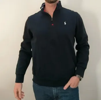 Sweat 1/4 zippé bleu marine logo blanc grosse tâche devant taille M Ralph Lauren homme