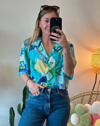 Chemise bleu, vert et jaune à motifs, modèle vintage, taille unique - Ge’vana