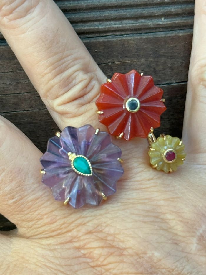 Sublime grande bague réglable habaha Paris fleurs pierres jaspe tournaline  améthyste - photo numéro 3
