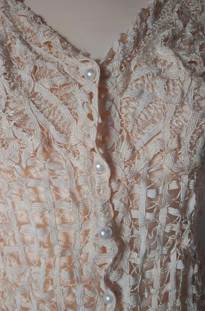 💎gilet en crochet élégant chic beige nude doré taille unique xs s m l extensible vintage authentique - photo numéro 2