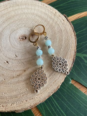 Boucles d’oreilles créoles dorées charme perles semi précieuses Aventurine verte givrée bohèmes