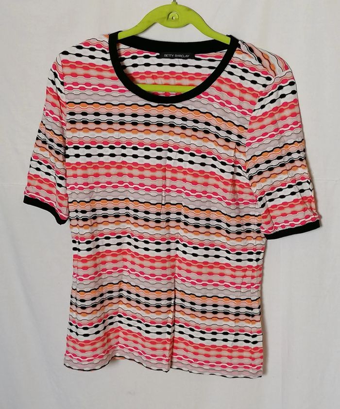 Top / tee-shirt fluide rayures strech orange blanc rose noir taille 38 Betty Barclay - photo numéro 9