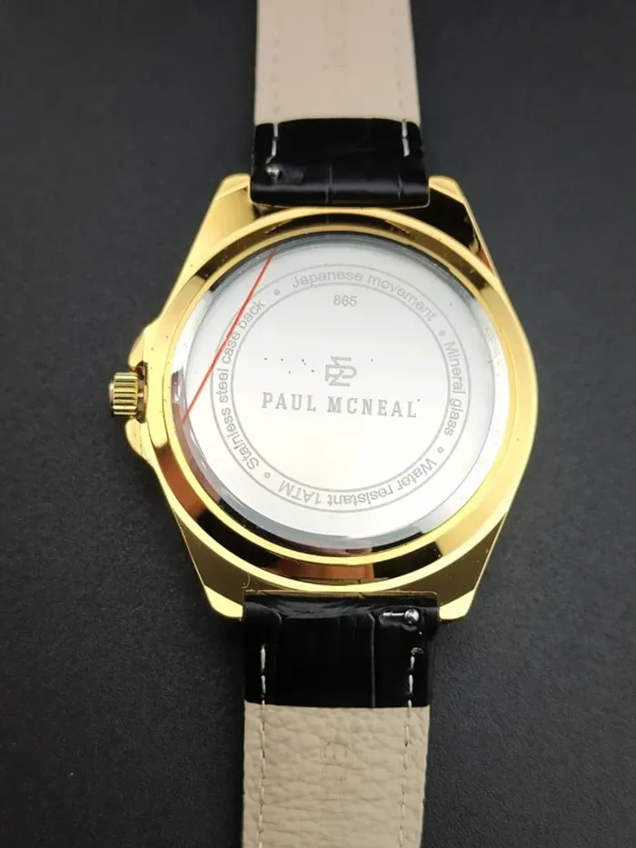 Montre noire quartz japonais, plaqué or, cuir - photo numéro 6