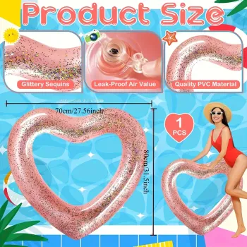 Bouée cœur rose scintillante adulte – Anneau gonflable piscine été, EVJF, plage, mariage
