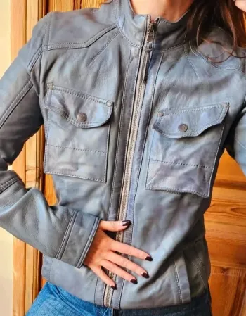 Blouson redskins en cuir gris cintré motard