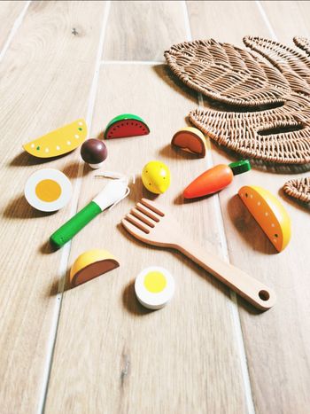 🥚Dinette lot de legumes, fruits et spatule en bois marque Djeco