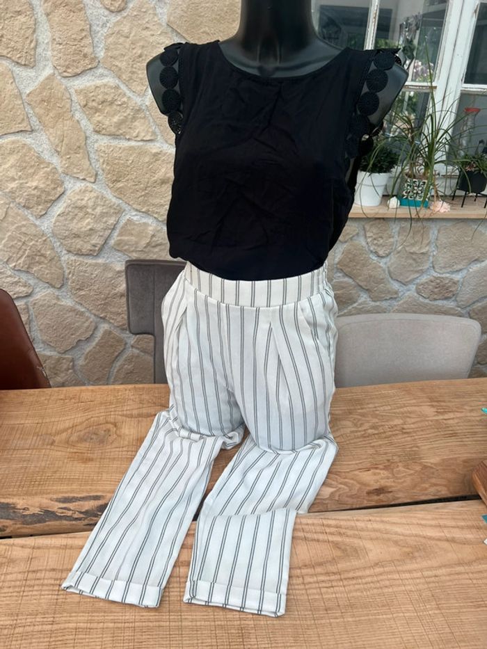 Pantalon femme blanc en lin à rayures été léger stradivarius XS 34